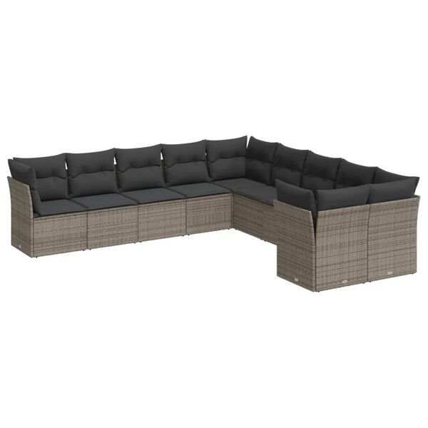 vidaXL 10-delige Loungeset met kussens poly rattan grijs