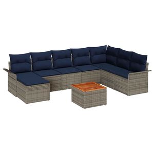 vidaXL Tuinbankenset 9 st Grijs en Marineblauw poly rattan
