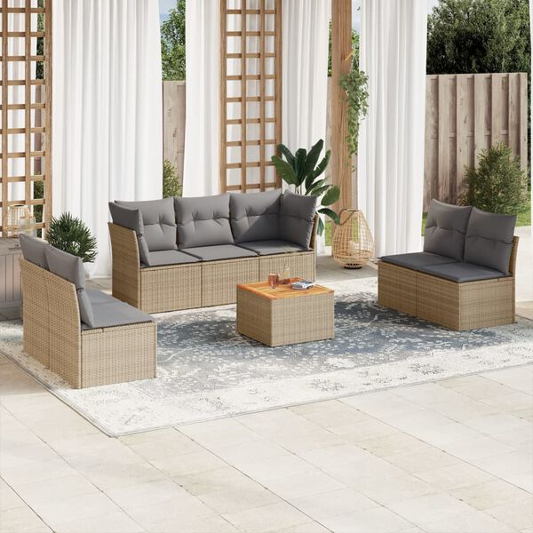 vidaXL 8-delige Loungeset met kussens poly rattan beige