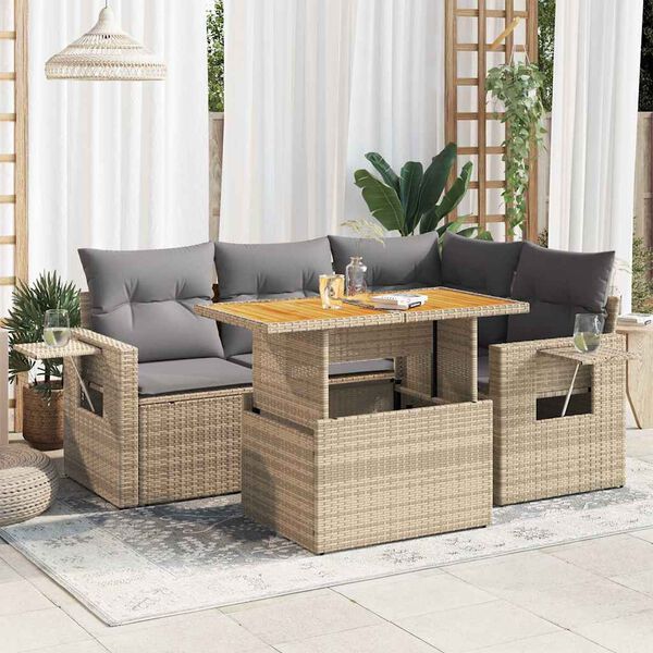 vidaXL 5-delige Loungeset met kussens poly rattan beige