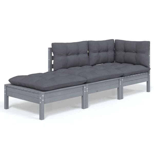 vidaXL 3-delige Loungeset met kussens massief grenenhout
