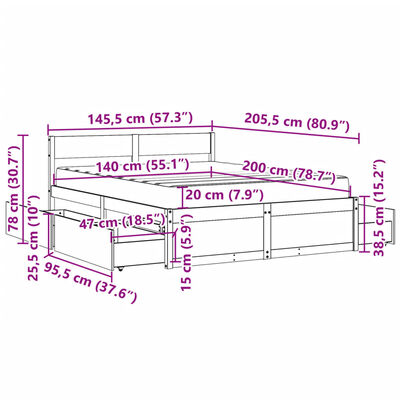 vidaXL Bed met lades en matras massief grenenhout wit 140x200 cm