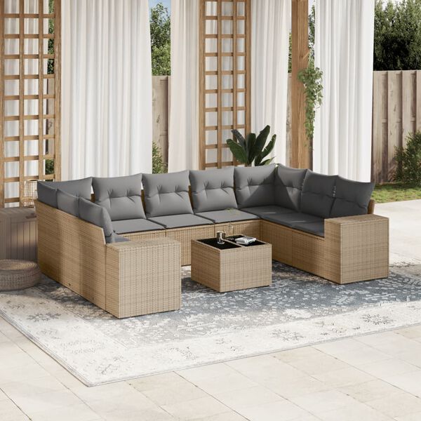 vidaXL 10-delige Loungeset met kussens poly rattan beige