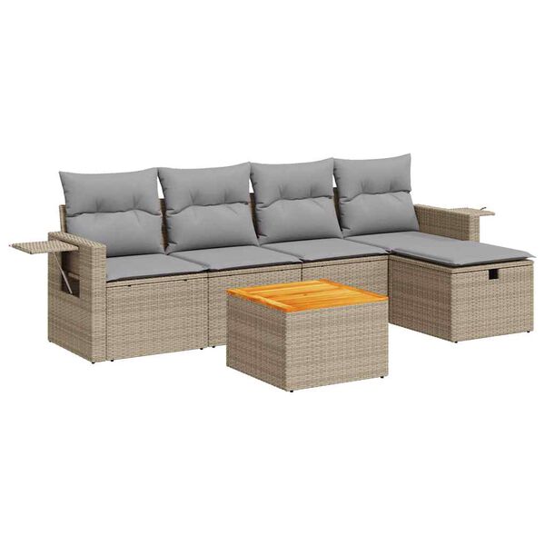 vidaXL 6-delige Loungeset met kussens poly rattan beige