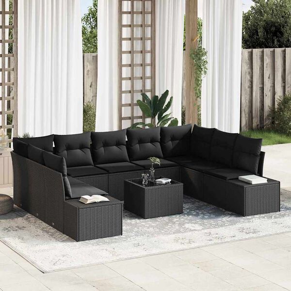vidaXL Tuinbankenset met kussen 9 pcs Zwart Polyrattan