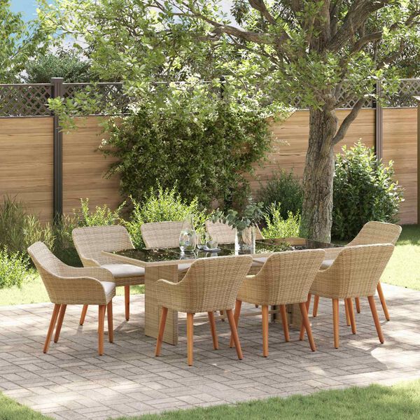 vidaXL Tuin eettafelset met kussen 9 pcs Beige poly rattan