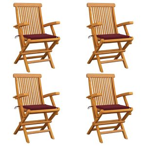 vidaXL Klapstoelen met wijnrode kussens, 4 stuks, massief teakhout