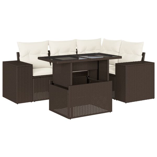 vidaXL 5-delige Loungeset met kussens poly rattan bruin