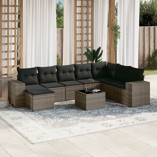 vidaXL 9-delige Loungeset met kussens poly rattan grijs
