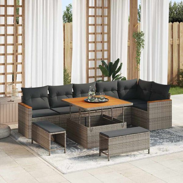 vidaXL Tuinbankenset 9 pcs Grijs poly rattan