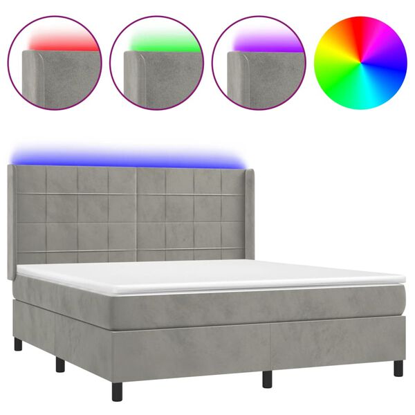 vidaXL Boxspring met matras en LED fluweel lichtgrijs 180x200 cm