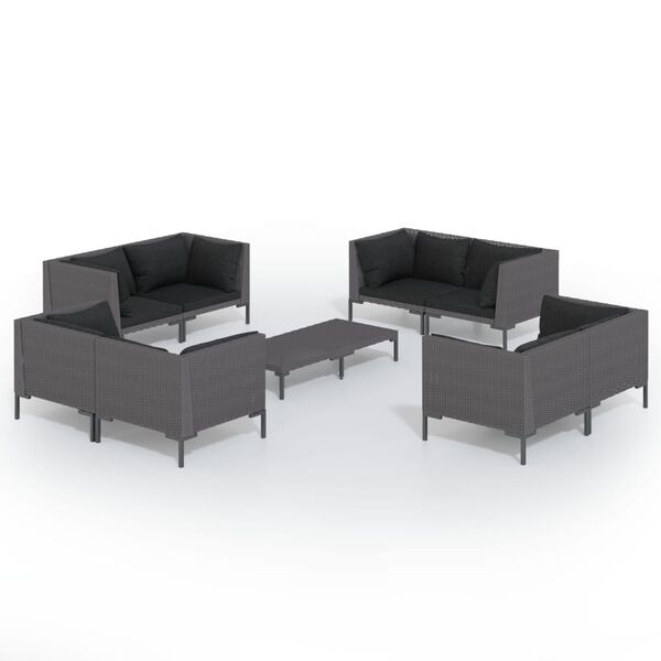 vidaXL 9-delige Loungeset met kussens poly rattan donkergrijs