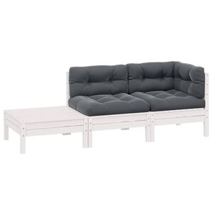 vidaXL 3-delige Loungeset met kussens massief grenenhout wit