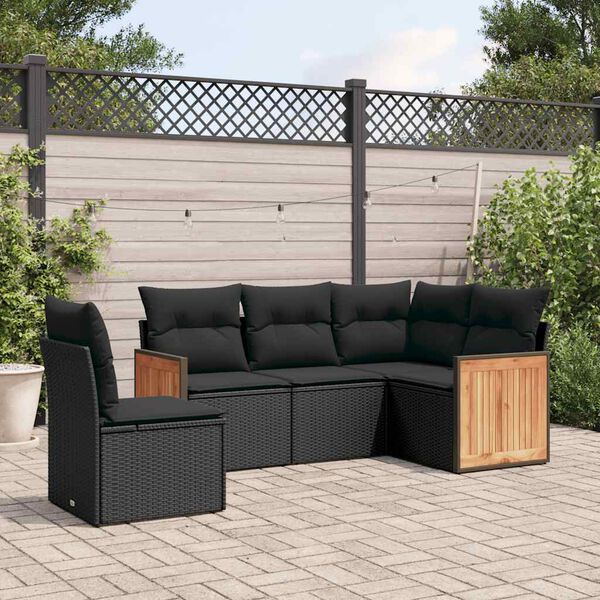 vidaXL 5-delige Loungeset met kussens poly rattan zwart