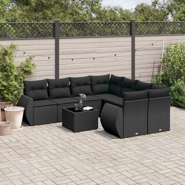 vidaXL 9-delige Loungeset met kussens poly rattan zwart