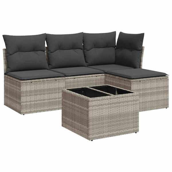 vidaXL 5-delige Loungeset met kussens poly rattan lichtgrijs