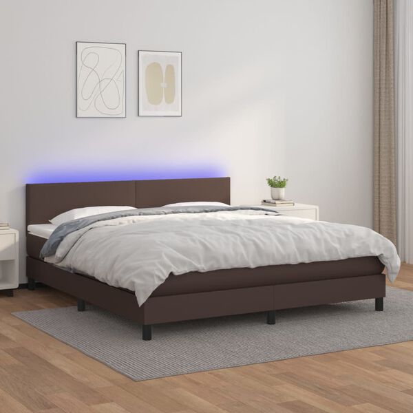 vidaXL Boxspring met matras en LED kunstleer bruin 180x200 cm