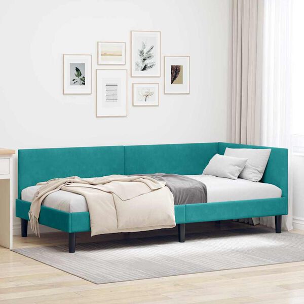 vidaXL Hoekbedframe Turquoise 90 cm x 200 cm VelvetenPlywood
