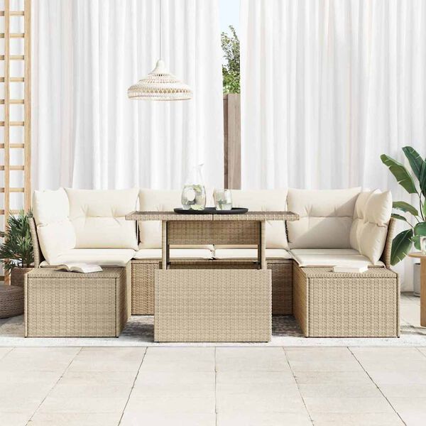 vidaXL Bankstel met kussen 7 pcs Beige en Cr&egrave;me poly rattan