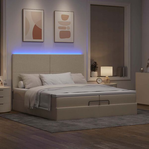 vidaXL Ottoman bed met matrassen en LED's 200x200cm stof cr&egrave;mekleurig