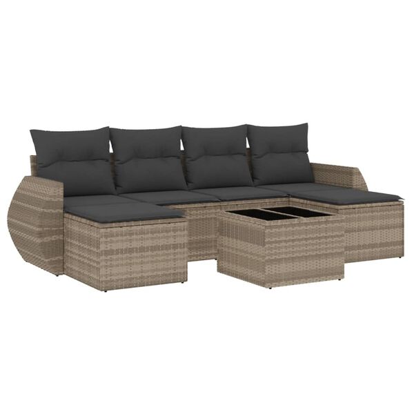 vidaXL 7-delige Loungeset met kussens poly rattan lichtgrijs