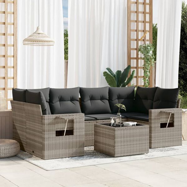 vidaXL 7-delige Loungeset met kussens poly rattan lichtgrijs
