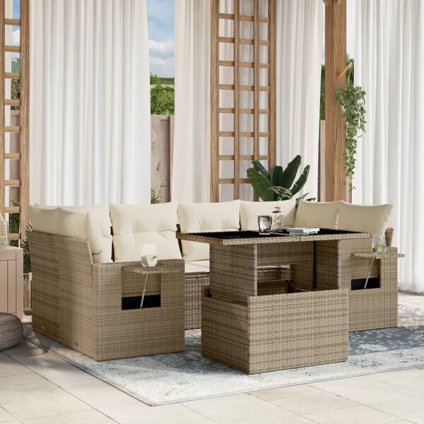 vidaXL 7-delige Loungeset met kussens poly rattan beige