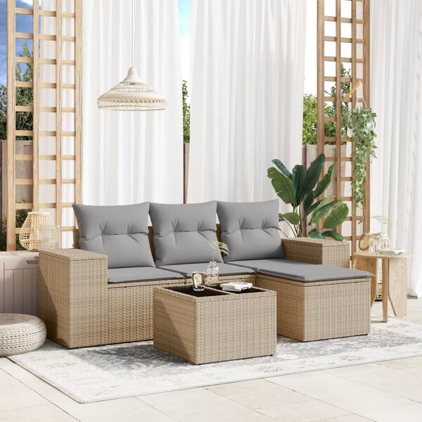 vidaXL 5-delige Loungeset met kussens poly rattan beige
