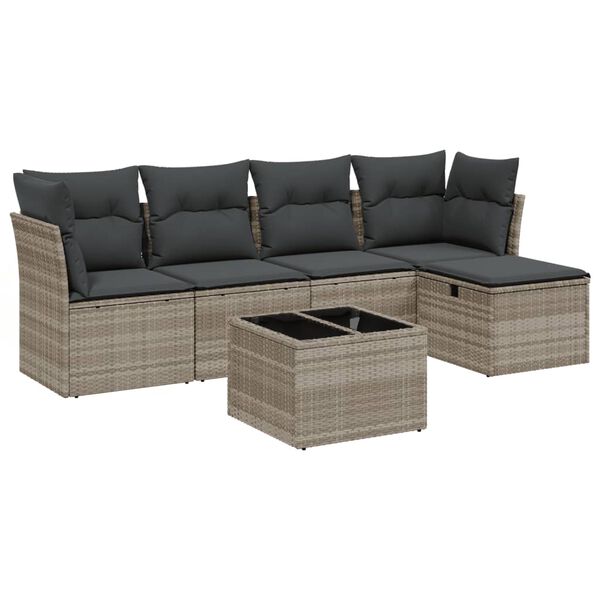 vidaXL 6-delige Loungeset met kussens poly rattan lichtgrijs