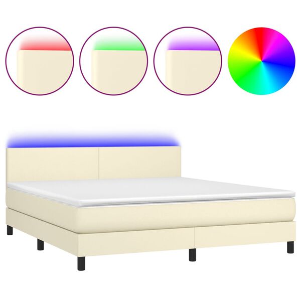 vidaXL Boxspring met matras en LED kunstleer cr&egrave;mekleurig 180x200 cm