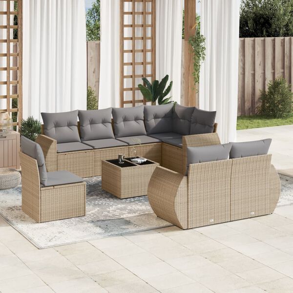 vidaXL 9-delige Loungeset met kussens poly rattan beige