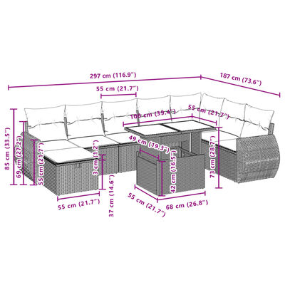 vidaXL 9-delige Loungeset met kussens poly rattan zwart