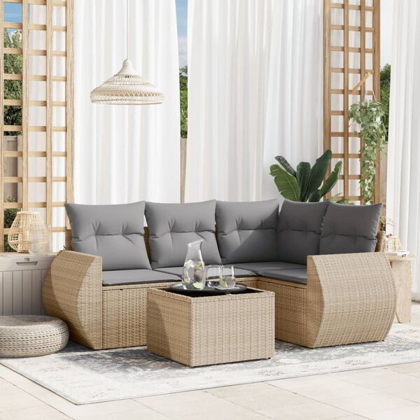 vidaXL 5-delige Loungeset met kussens poly rattan beige