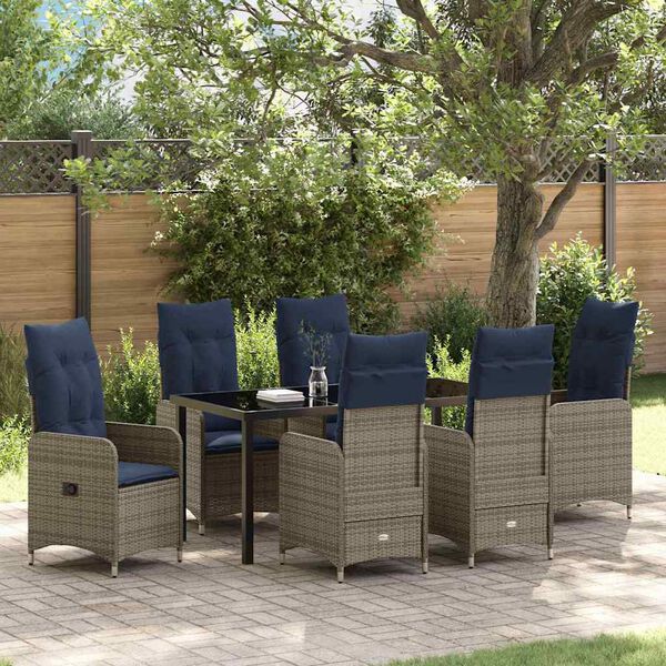 vidaXL Tafel en stoelen set met kussen 7 pcs Grijs PE Rattan