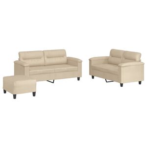 vidaXL 3-delige Loungeset met kussens microvezelstof cr&egrave;mekleurig