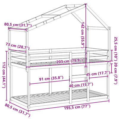 vidaXL Stapelbed met dak massief grenenhout wasbruin 75x190 cm