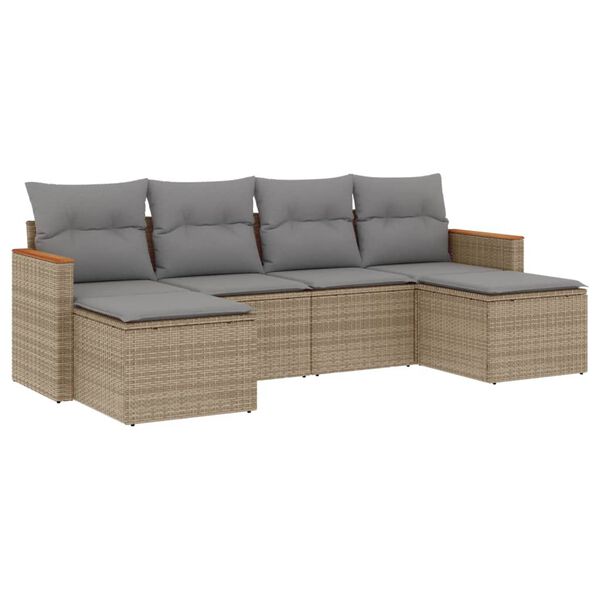 vidaXL 6-delige Loungeset met kussens poly rattan beige