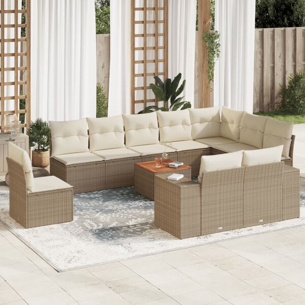 vidaXL 11-delige Tuinset met kussens poly rattan beige