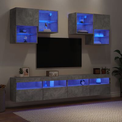 vidaXL 6-delige Tv-wandmeubelset met LED-verlichting betongrijs