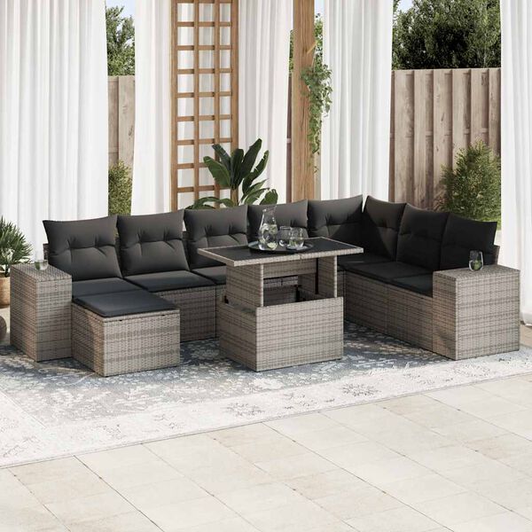 vidaXL 9-delige Loungeset met kussens poly rattan grijs