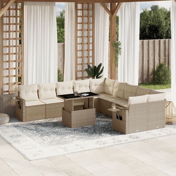 vidaXL 11-delige Tuinset met kussens poly rattan beige
