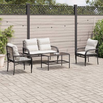 vidaXL 4-delige Loungeset met kussens poly rattan zwart