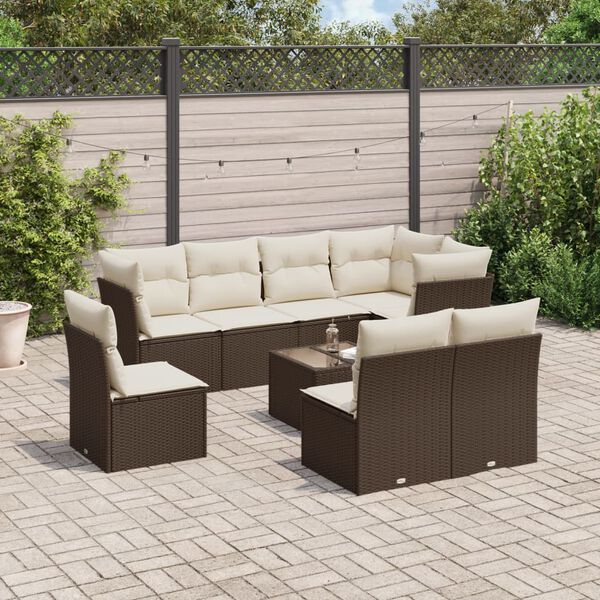 vidaXL 9-delige Loungeset met kussens poly rattan bruin
