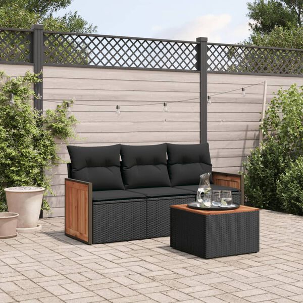 vidaXL 4-delige Loungeset met kussens poly rattan zwart