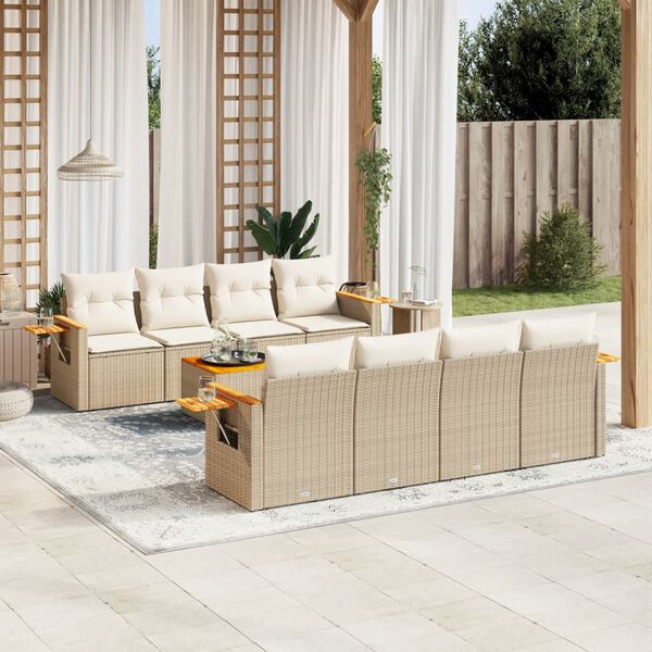 vidaXL 9-delige Loungeset met kussens poly rattan beige