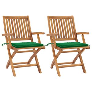 vidaXL Inklapbare stoelen 2 st met groene kussens massief teakhout
