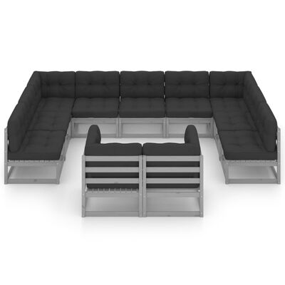 vidaXL 11-delige Loungeset met kussens massief grenenhout grijs