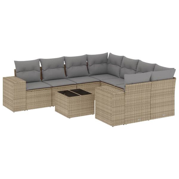 vidaXL 9-delige Loungeset met kussens poly rattan beige