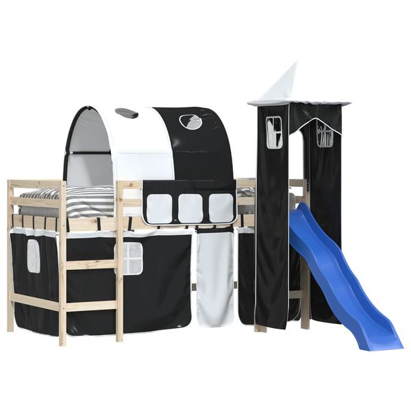 vidaXL Gordijnen voor hoogslaper met tunnel en toren wit en zwart