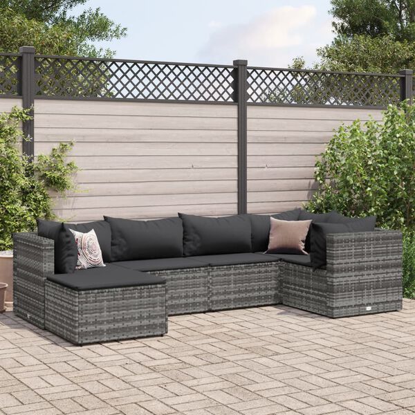 vidaXL 6-delige Loungeset met kussens poly rattan grijs